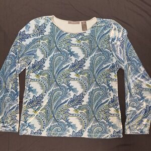 Liz Claiborne Velvet Paisley Shirt XL Blue  Textured Whimsi Retro Grandmacore